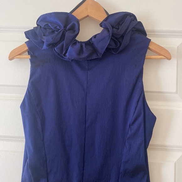 Ruffled V-Neck Metallic Navy Color Dress XSCAPE by Joanna Chen - Picture 7 of 12